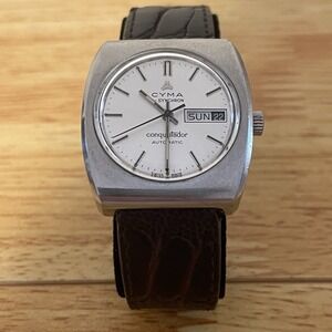 Vintage 1970s Cyma By Synchron Conquistador Day/Date Watch Automatic Runs